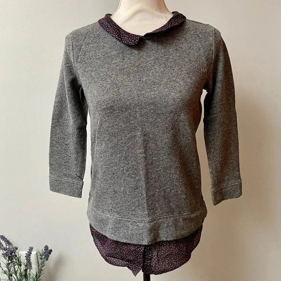 LOFT Gray Sweatshirt Sweater Peter Pan Collar Layered Hem Work Top XS - Picture 13 of 13